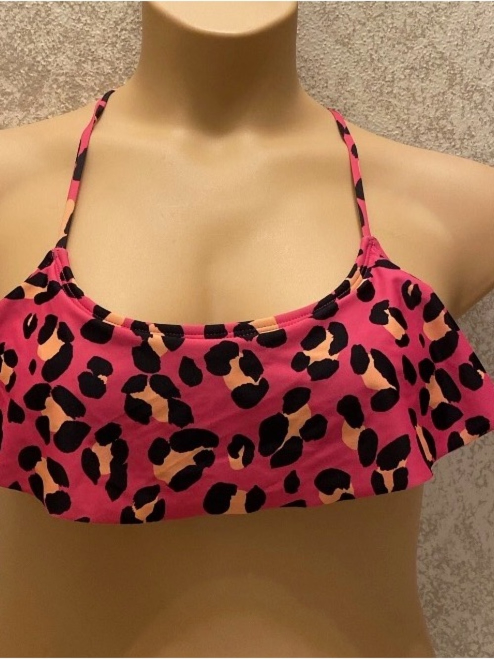 Source Unknown Hot Pink Leopard Print Bikini Top with Black and Peach Accents